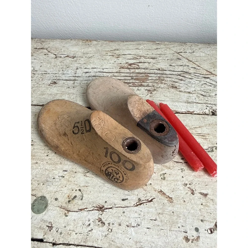 Vintage Wooden Child Shoe Candle Holders Last Taper Set of 2